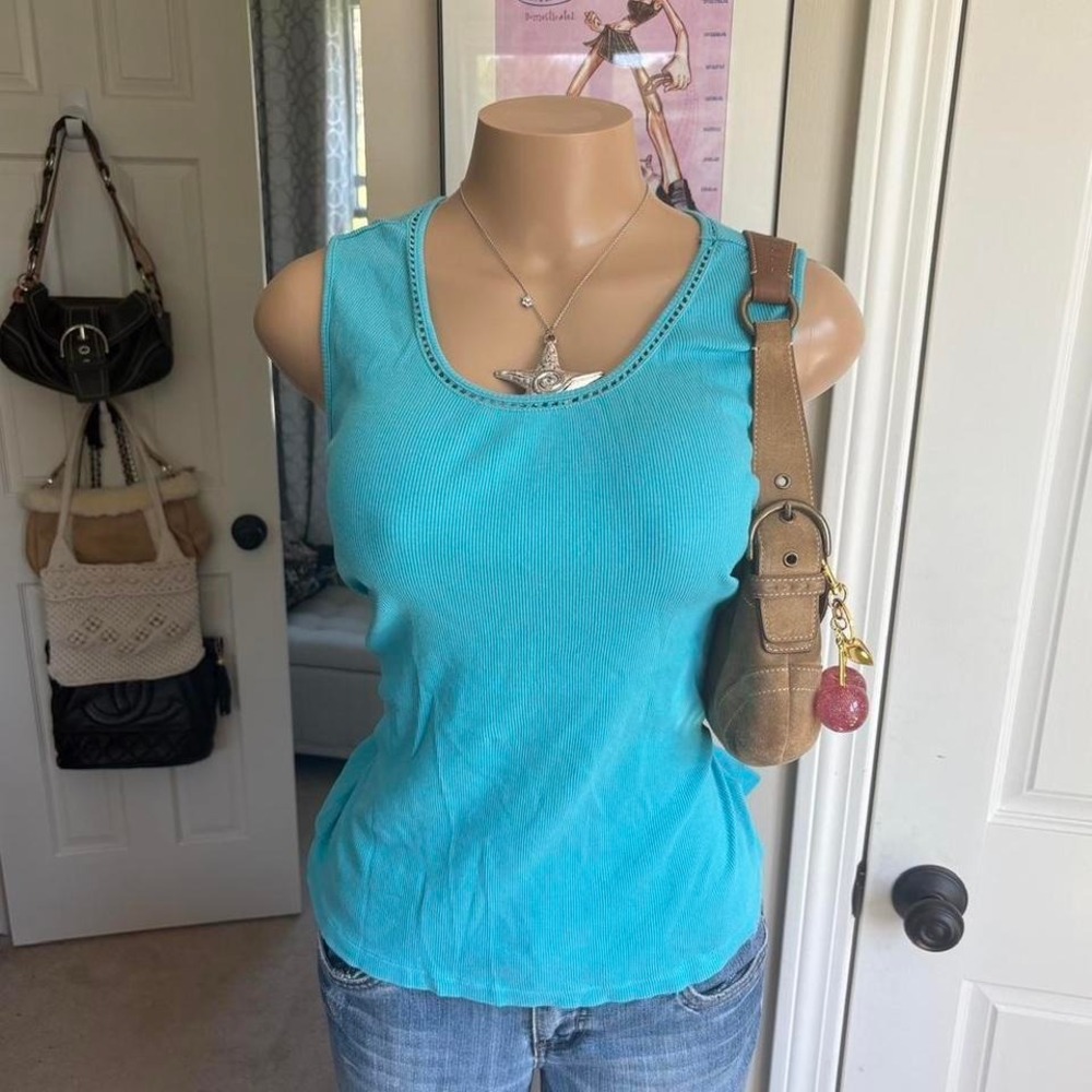 y2k 2000s teal ribbed tank top fitted basic cami
